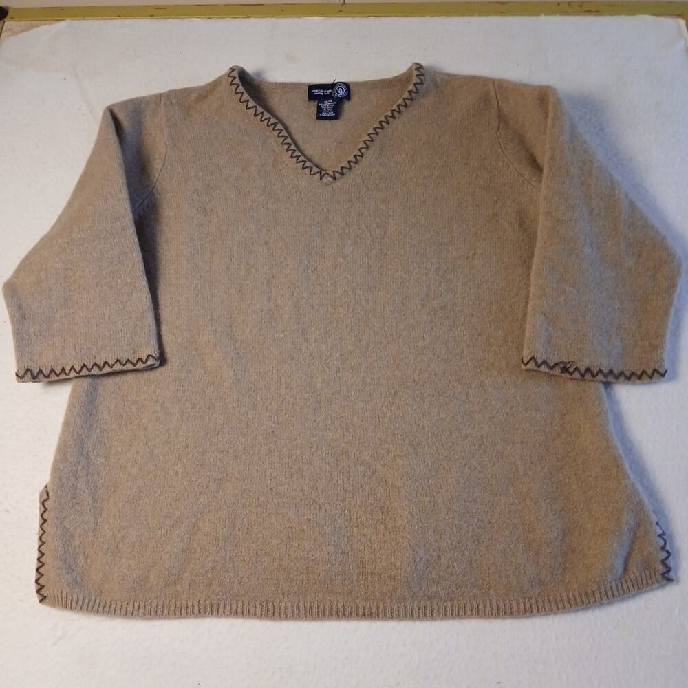 Venezia Jeans Womans Size 14/16 Wool Blend V-neck Embroidered Trim Beige Cozy